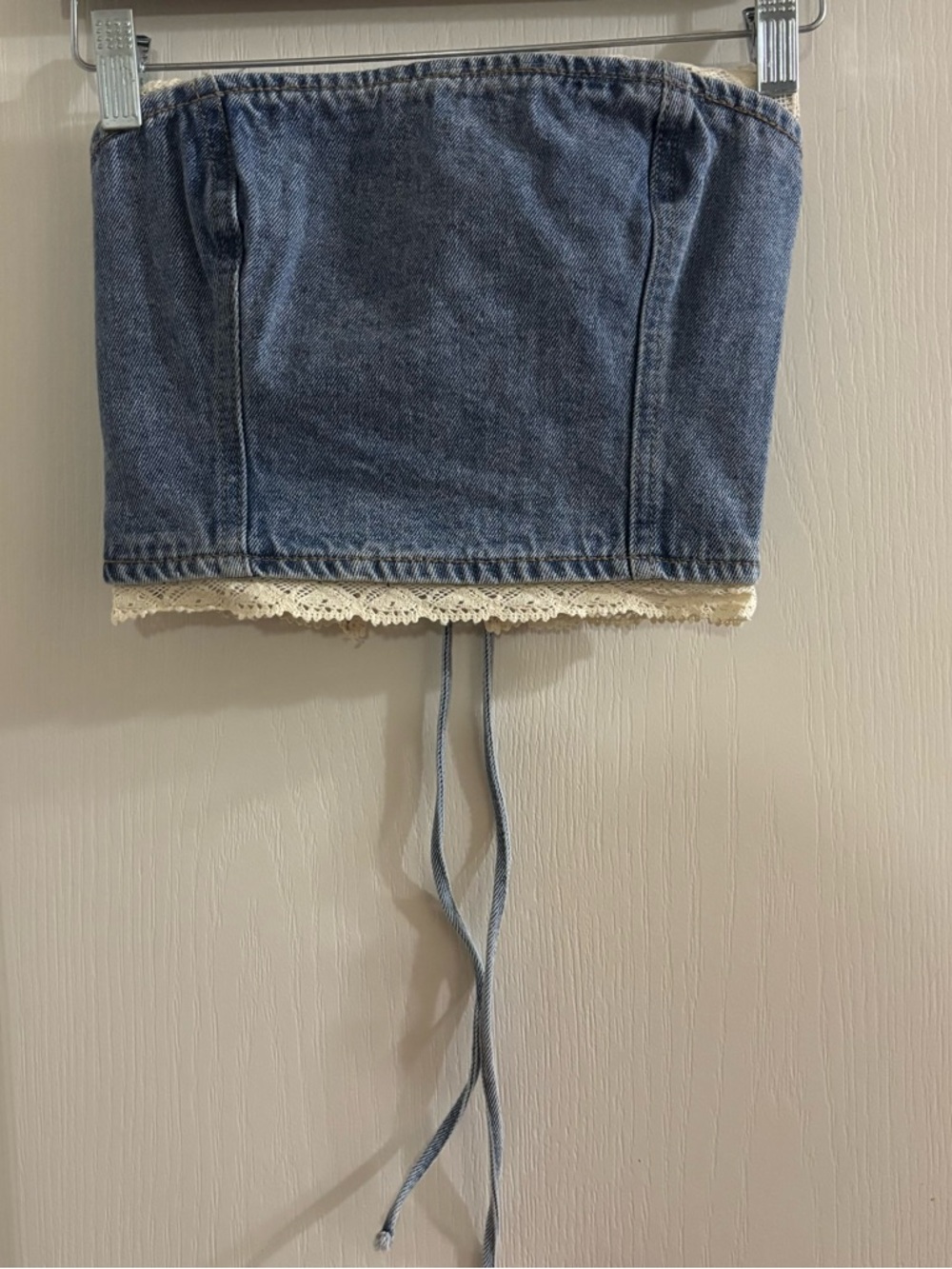 Edikted Denim Blue Cropped Tube Top with Lace Trim
